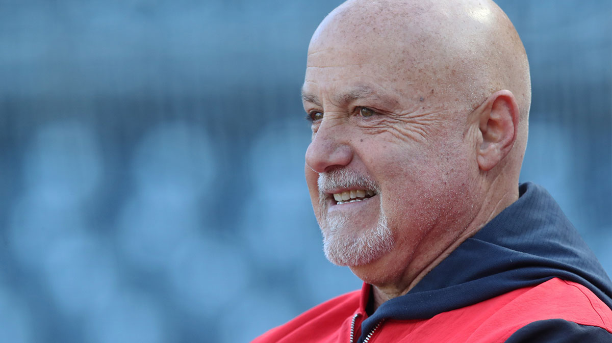 Washington Nationals general manager Mike Rizzo observes batting practice before the game against the Pittsburgh Pirates at PNC Park