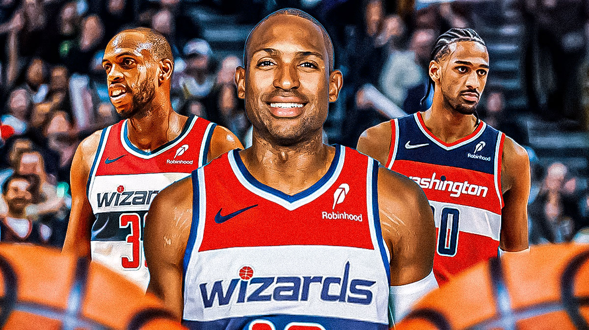 Al Horford wearing a Washington Wizards jersey in the middle, Khris Middleton and Alex Sarr around him
