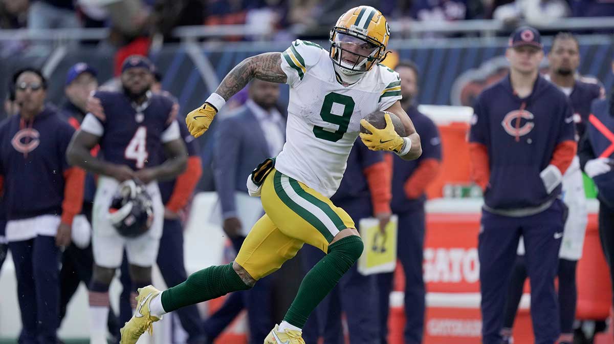 Green Bay Packers wide receiver Christian Watson (9) makes a 60-yard reception during the fourth quarter of their game Sunday, November 17, 2024 at Solider Field in Chicago, Illinois. The Green Bay Packers beat the Chicago Bears 20-19.