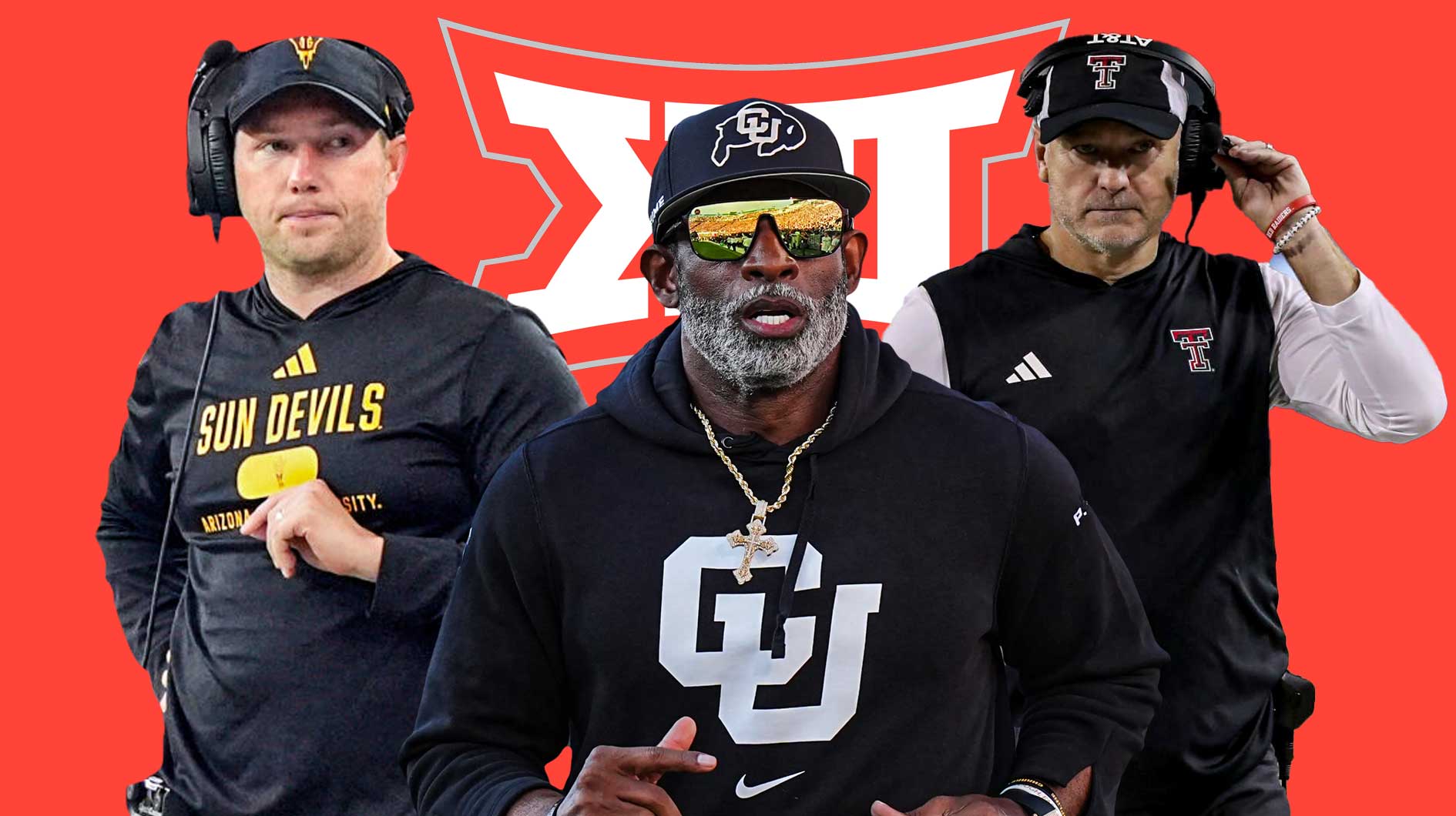 Big 12 logo in the middle with Colorado's Deion Sanders, Arizona State's Kenny Dillingham, Texas Tech's Joey McGuire around it
