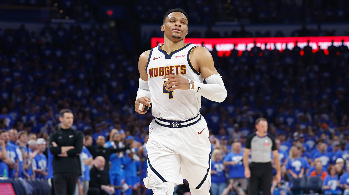 Denver Nuggets guard Russell Westbrook (4) runs down the court against the Oklahoma City Thunder in the second quarter during game seven of the second round for the 2025 NBA Playoffs at Paycom Center.