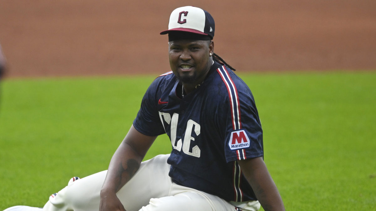 Cleveland Guardians starting pitcher Luis Ortiz (45) reacts after slipping while fielding a ground ball in the first inning against the St. Louis Cardinals at Progressive Field.