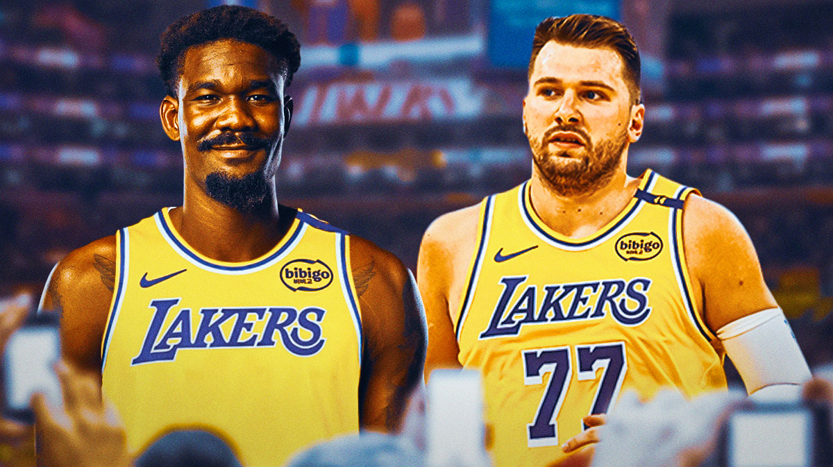 Deandre Ayton in a Lakers uniform next to Luka Doncic