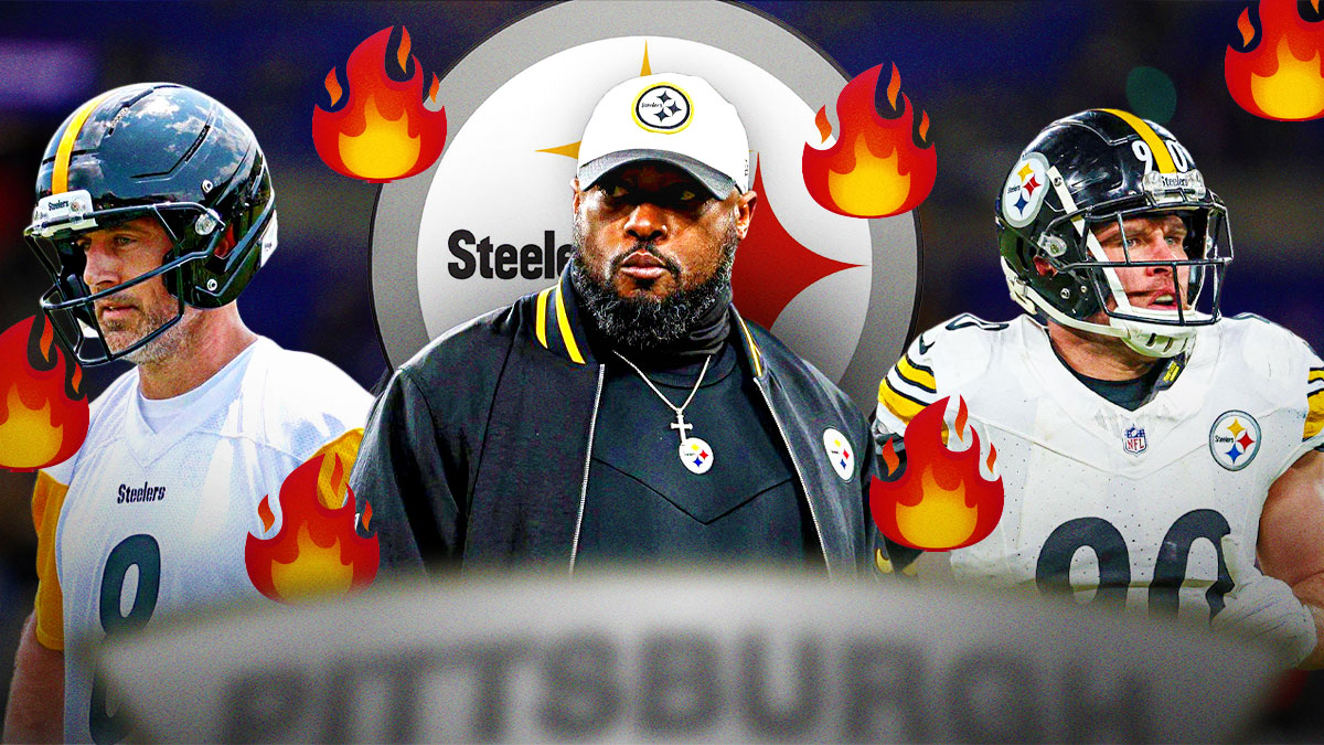 Pittsburgh Steelers head coach Mike Tomlin with QB Aaron Rodgers and linebacker T.J. Watt. They are surrounded by fire emojis (🔥). There is also a logo for the Pittsburgh Steelers.