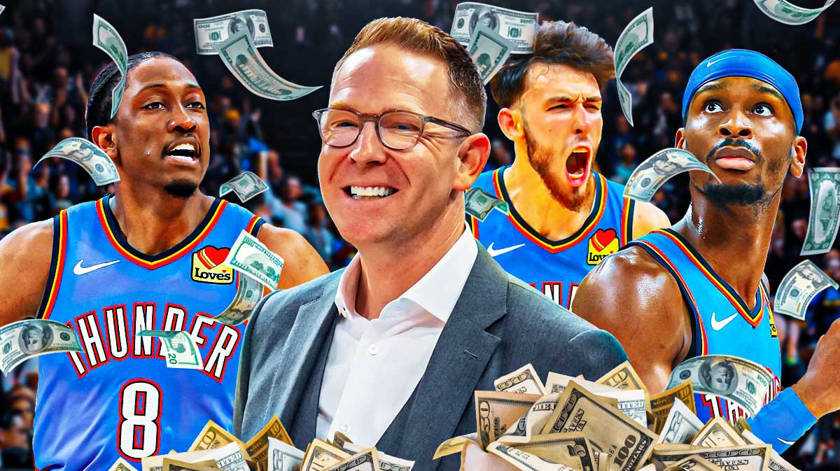 Thunder's Sam Presti with Shai Gilgeous-Alexander, Jalen Williams, and Chet Holmgren with money falling