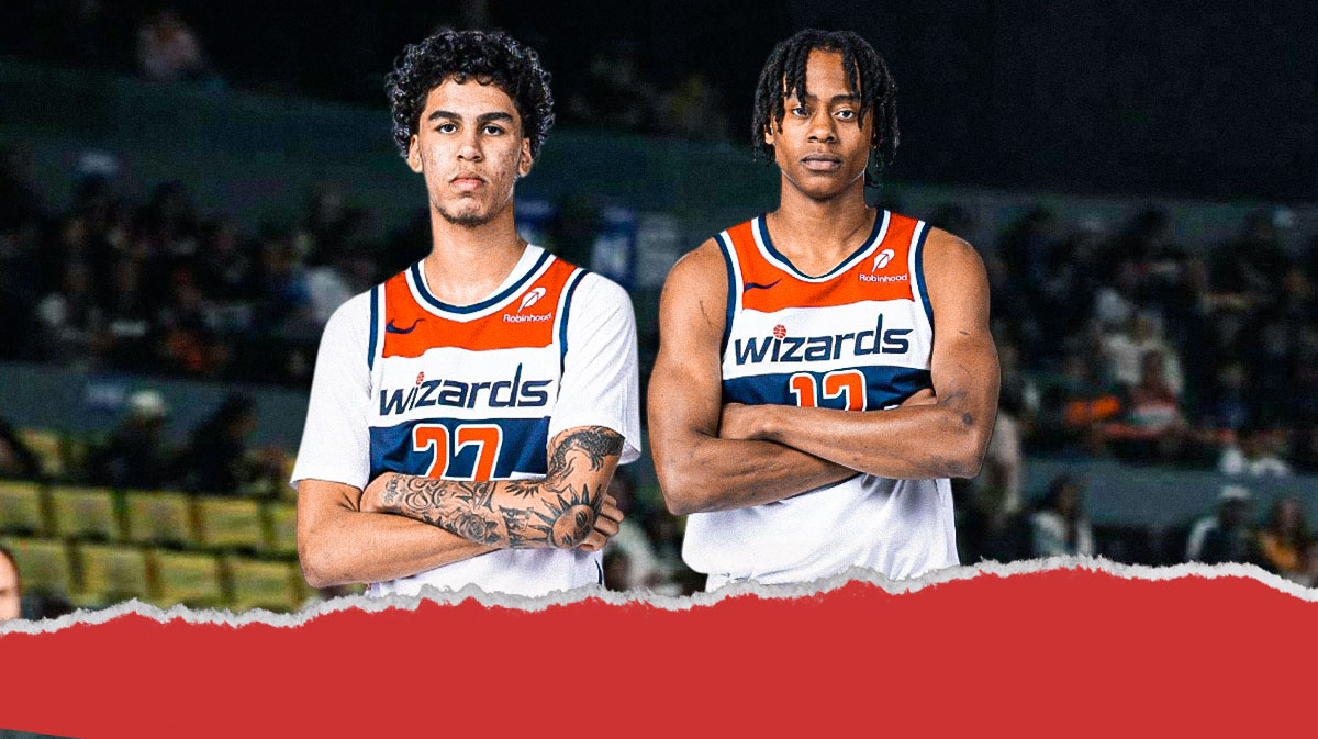 Will Riley and Tre Johnson cross their arms and smile in Wizards jerseys