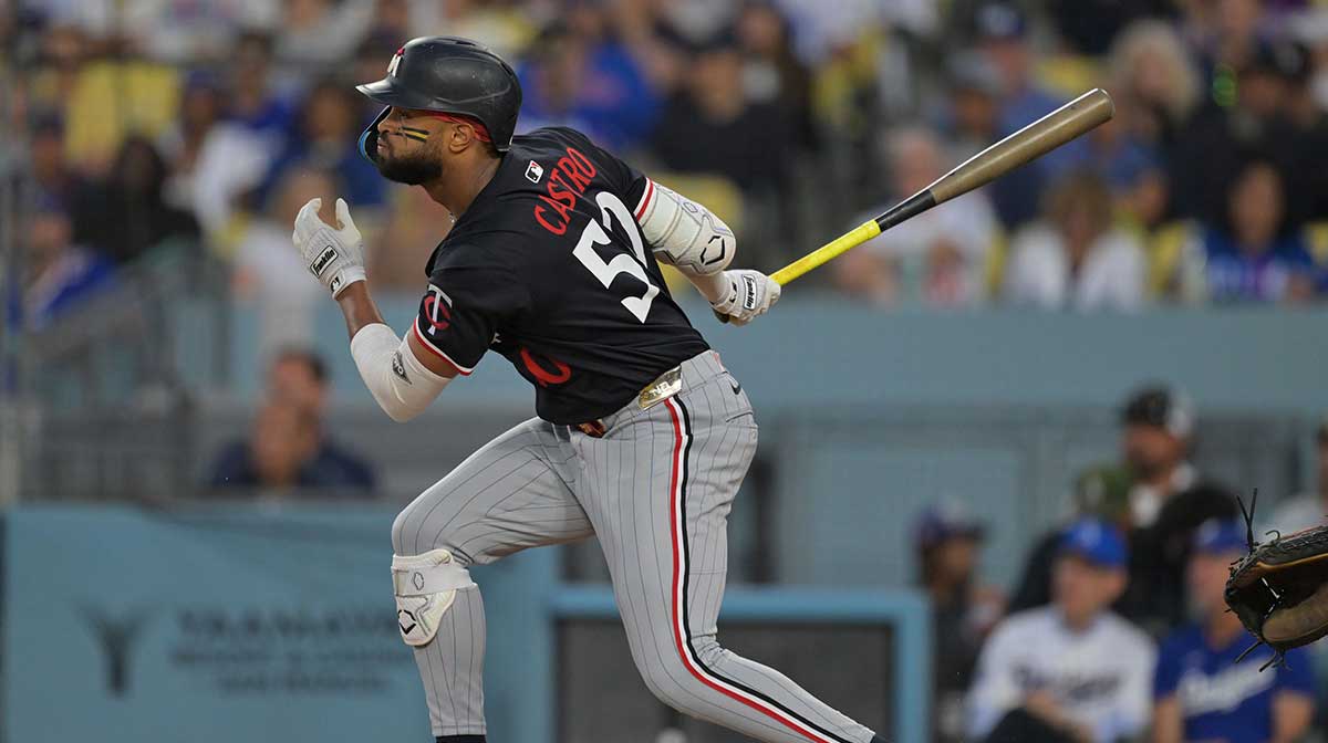 Minnesota Twins outfielder Willi Castro (50) hits a single against the Los Angeles Dodgers in the third inning at Dodger Stadium.
