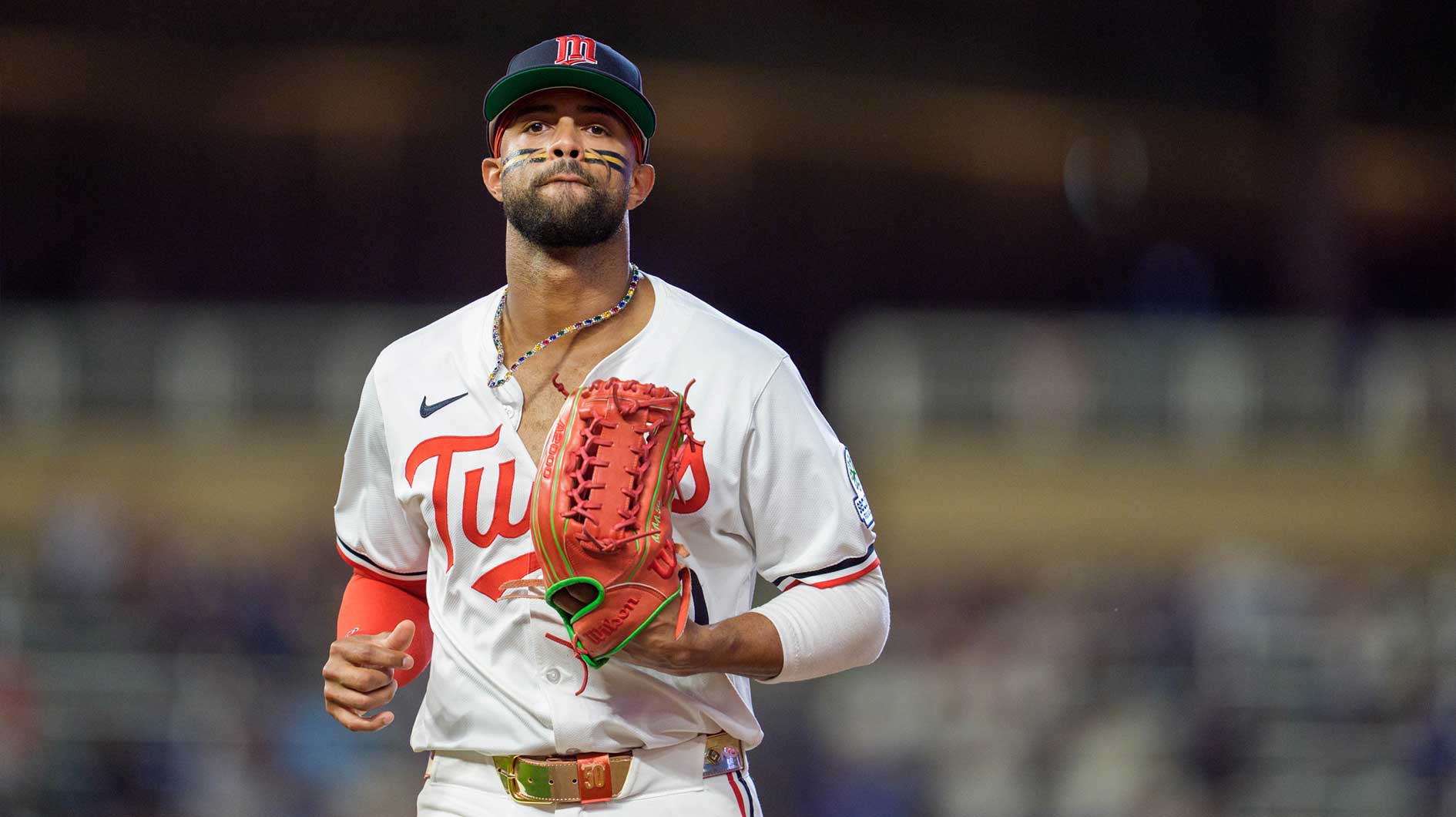 Minnesota Twins left fielder Willi Castro (50) walks to the dugout after the ninth inning against the Washington Nationals at Target Field.