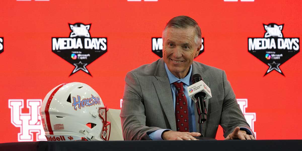 Houston head coach Willie Fritz speaks with the media during 2025 Big 12 Football Media Days at The Star.