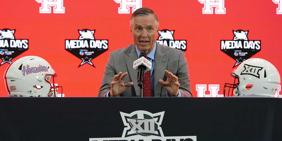 Houston head coach Willie Fritz speaks with the media during 2025 Big 12 Football Media Days at The Star.
