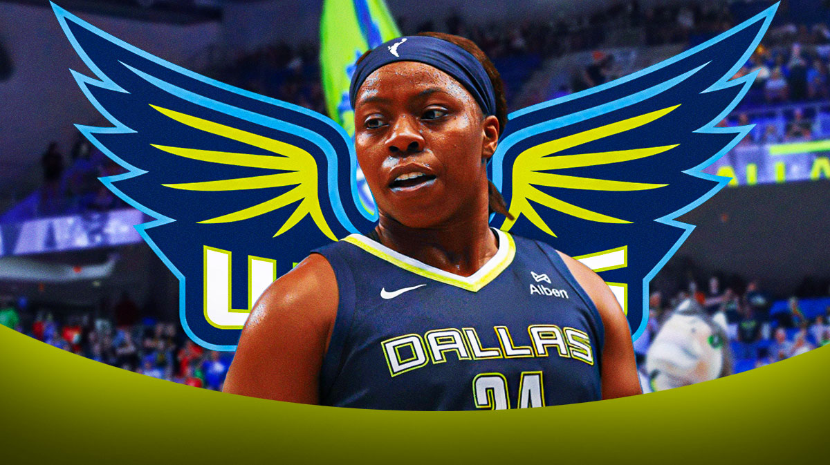 Wings Arike Ogunbowale in front looking serious. Close-up image. Dallas Wings 2025 logo somewhere in background.
