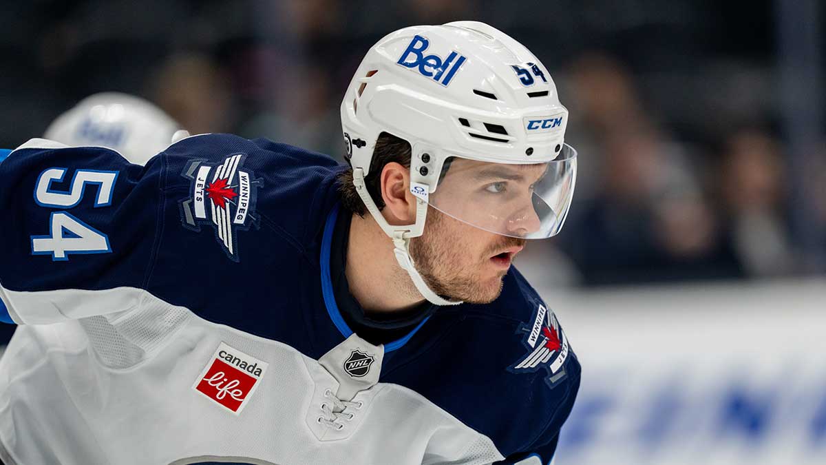 Winnipeg Jets defenseman Dylan Samberg (54) is pictured during a game Kraken at Climate Pledge Arena.