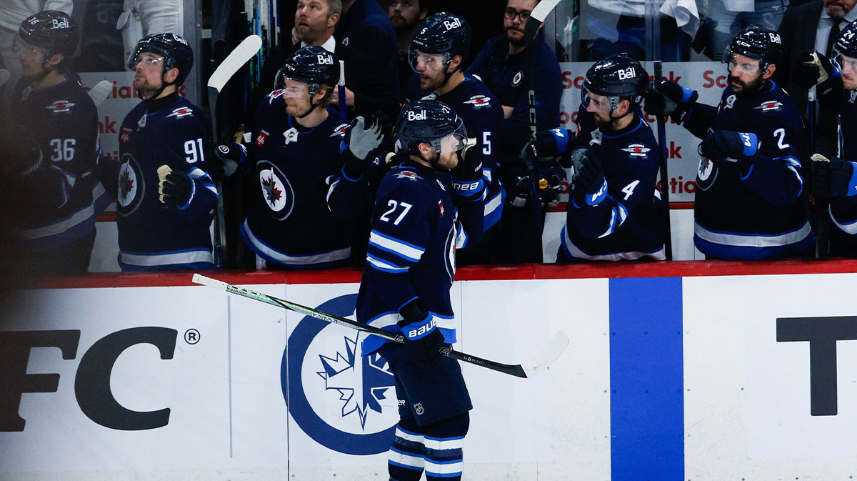 Winnipeg Jets forward Nikolaj Ehlers (27) is congratulated by his teammates after his goal against the Dallas Stars during the third period in game five of the second round of the 2025 Stanley Cup Playoffs at Canada Life Centre.