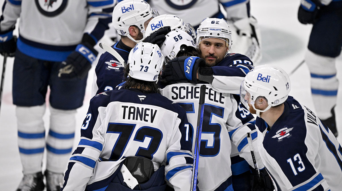 The Winnipeg Jets console center Mark Scheifele (55) as Scheifele leaves the penalty box after the loss to the Dallas Stars during the overtime period in game six of the second round of the 2025 Stanley Cup Playoffs at American Airlines Center.