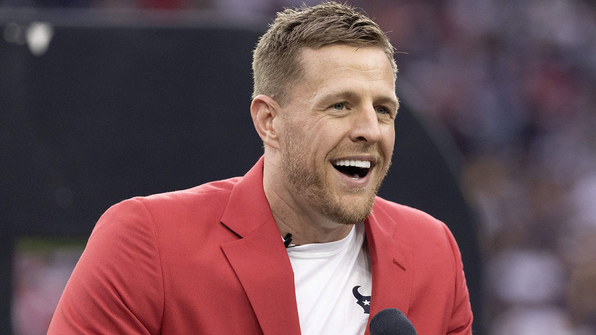 Former Houston Texans JJ Watt speaks to the fans during his Ring Of Honor Ceremony at halftime during the game between the Texans and Pittsburgh Steelers at NRG Stadium.