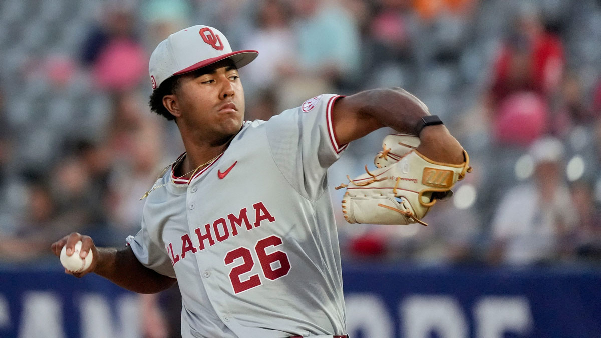 Oklahoma pitcher Kyson Witherspoon (26) pitches against Georgia in the second round of the SEC Baseball Tournament at the Hoover Met.