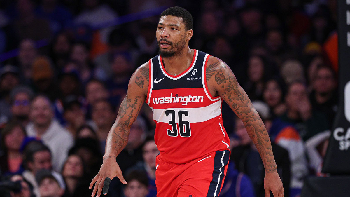 Wizards guard Marcus Smart (36) reacts after a basket against the New York Knicks during the second half at Madison Square Garden with Wizards' Blake Wesley in the background