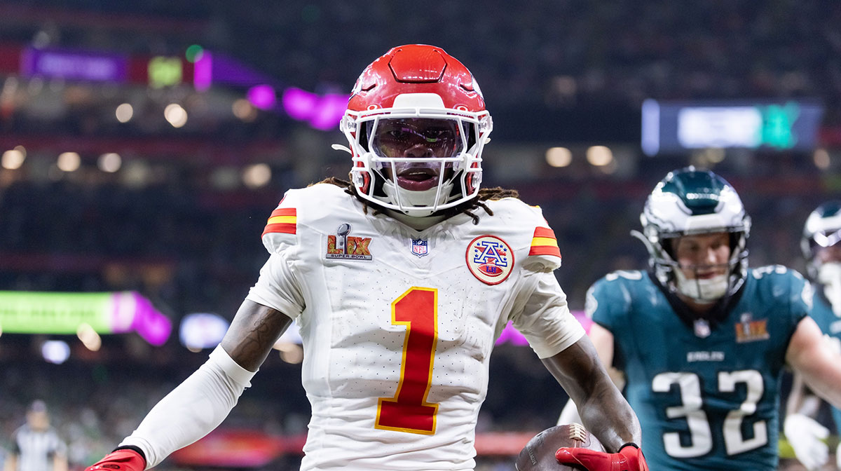 Kansas City Chiefs wide receiver Xavier Worthy (1) against the Philadelphia Eagles in Super Bowl LIX at Ceasars Superdome.