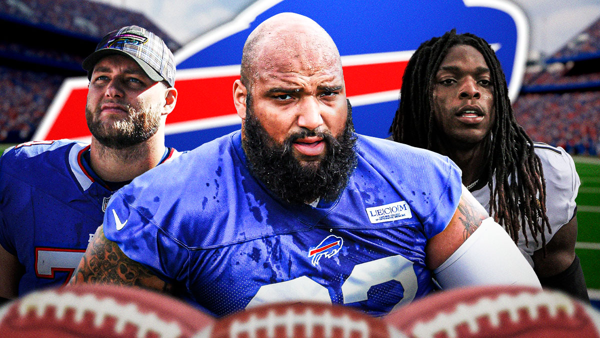 Daquan Jones, Ryan Van Demark, Laviska Shenault all beside each other, Buffalo Bills logo in the background