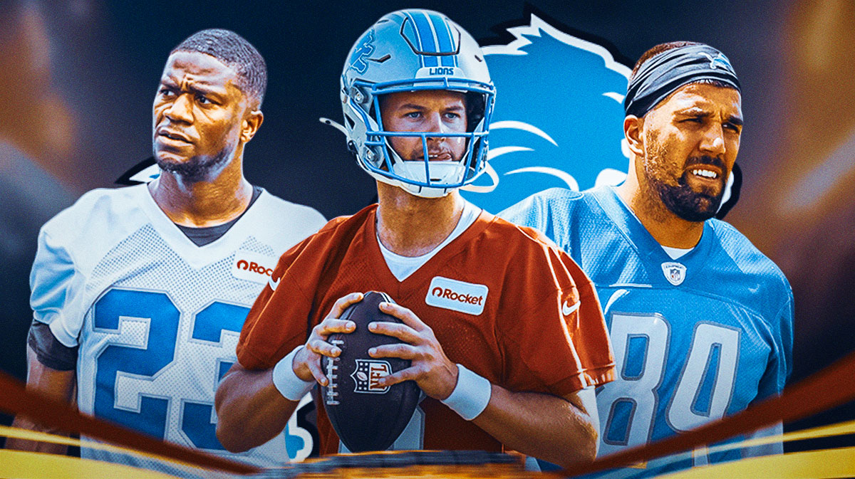 Rock Ya-Sin, Kyle Allen, Shane Zylstra all beside each other, Detroit Lions logo in the background