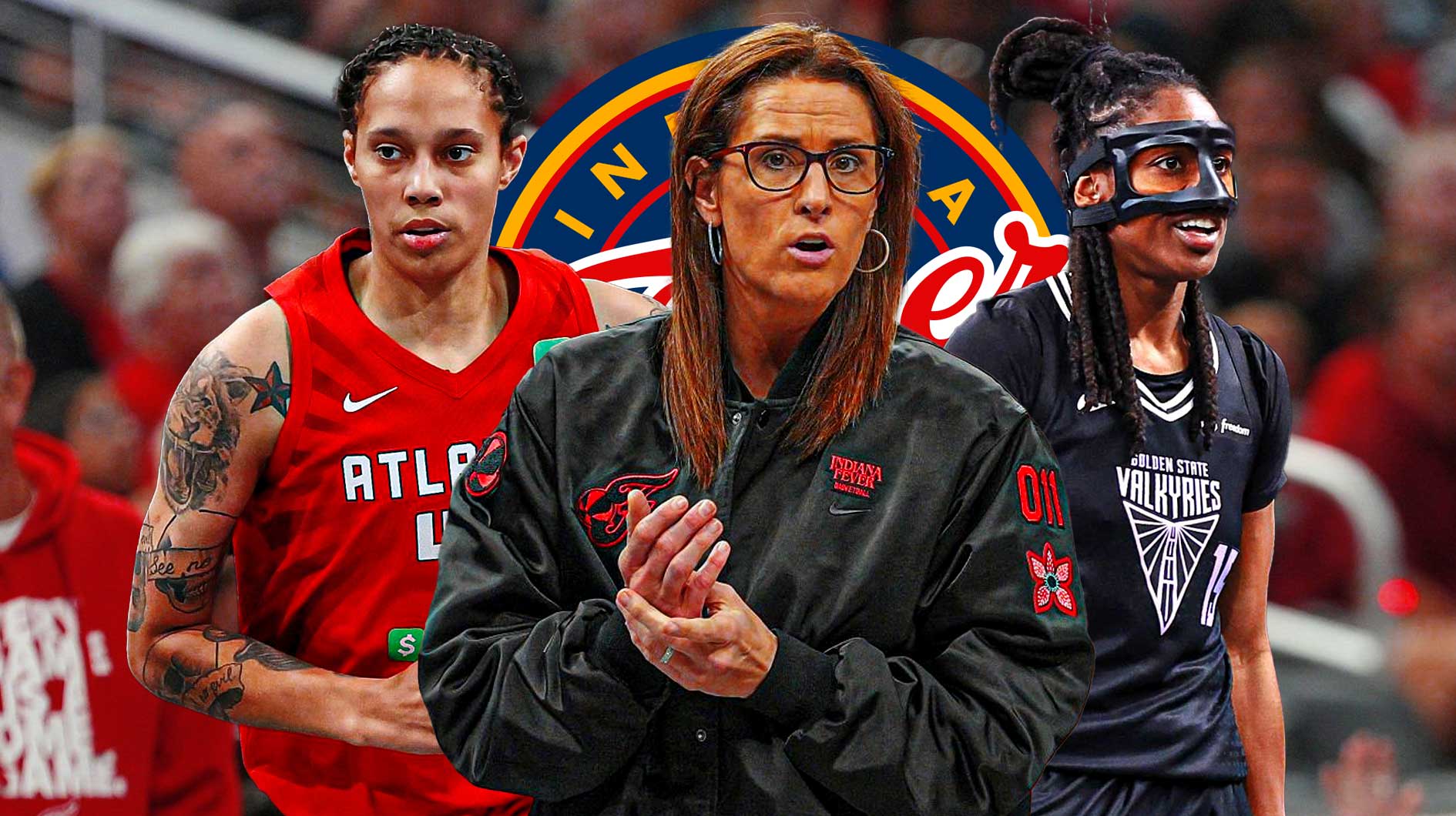 WNBA Fever coach Stephanie White (front, center) with Valkyries guard Tiffany Hayes and Dream center Brittney Griner behind her. Indiana Fever logo in background