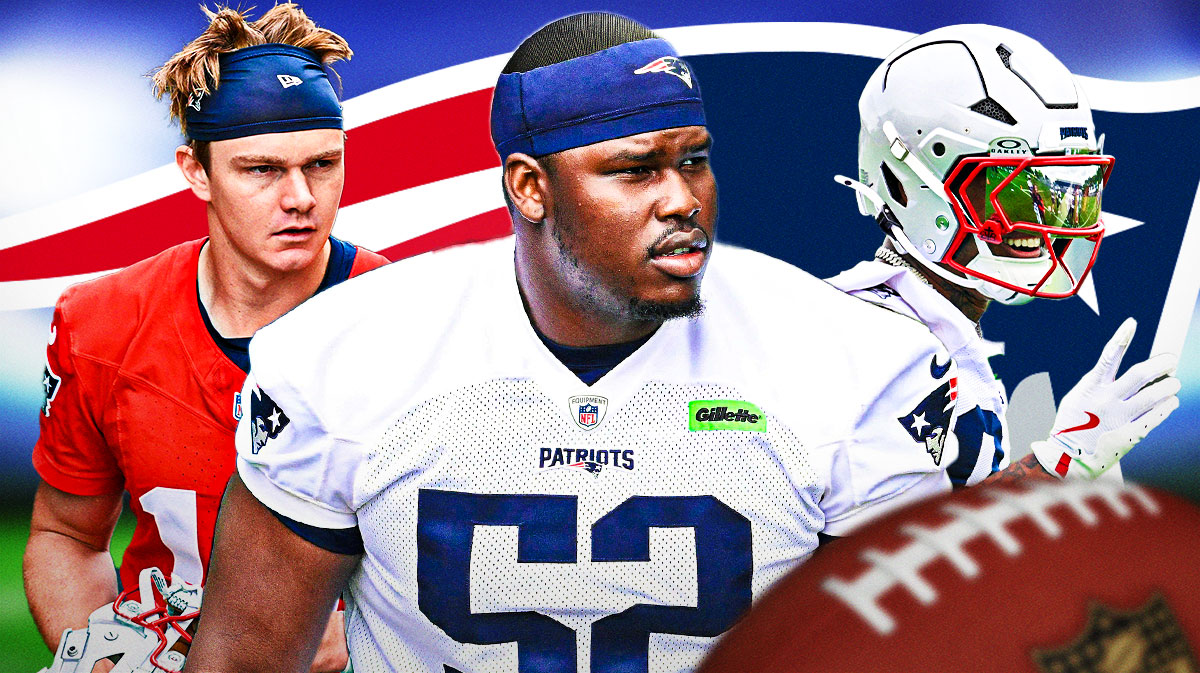 Marcus Bryant, Kendrick Bourne, Ben Wooldridge all beside each other, New England Patriots logo in the background