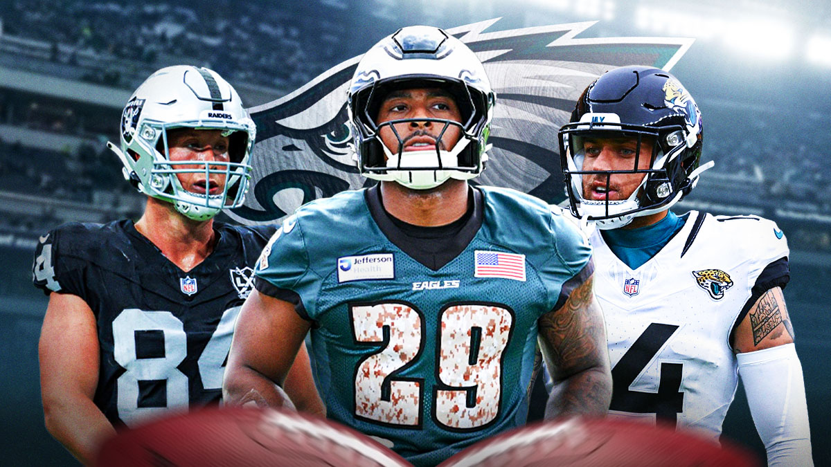 Harrison Bryant, AJ Dillon, Elijah Cooks all beside each other, Philadelphia Eagles logo in the background
