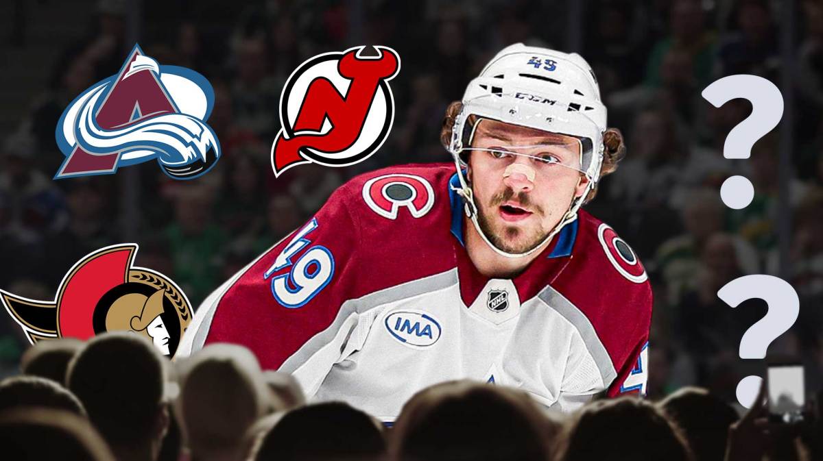 Samuel Girard with the Avalanche, Senators, and Devils logos around him, plus question marks.