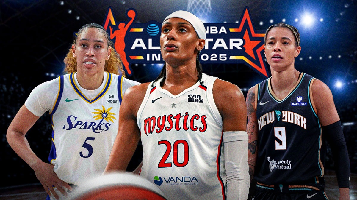 Mystics guard Brittney Sykes, Sparks center Dearica Hamby and Liberty guard Natasha Cloud with 2025 WNBA All-Star Game logo in background