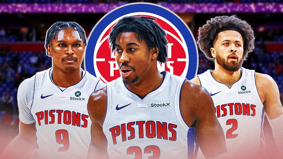 Jaden Ivey, Ausar Thompson beside each other, Detroit Pistons logo in the background