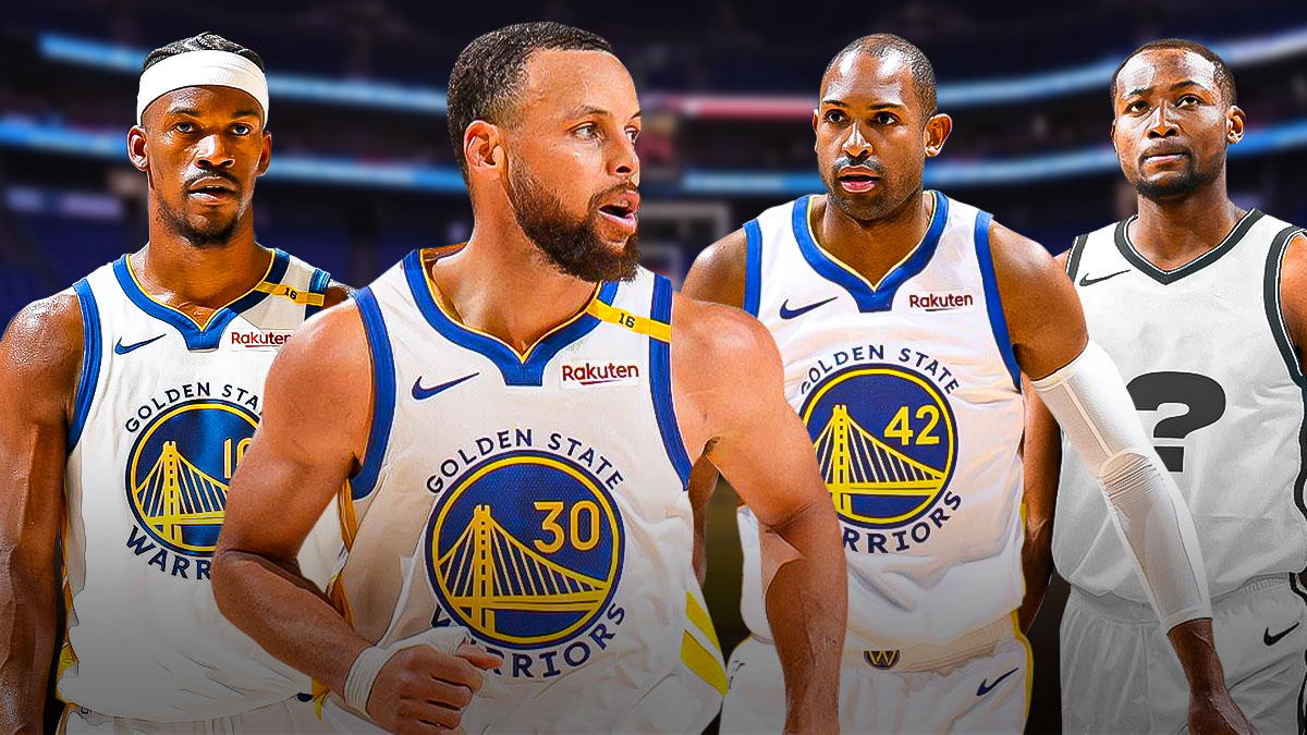 Stephen Curry and Jimmy Butler looking at Al Horford in Warriors jersey and Jonathan Kuminga in blank uniform