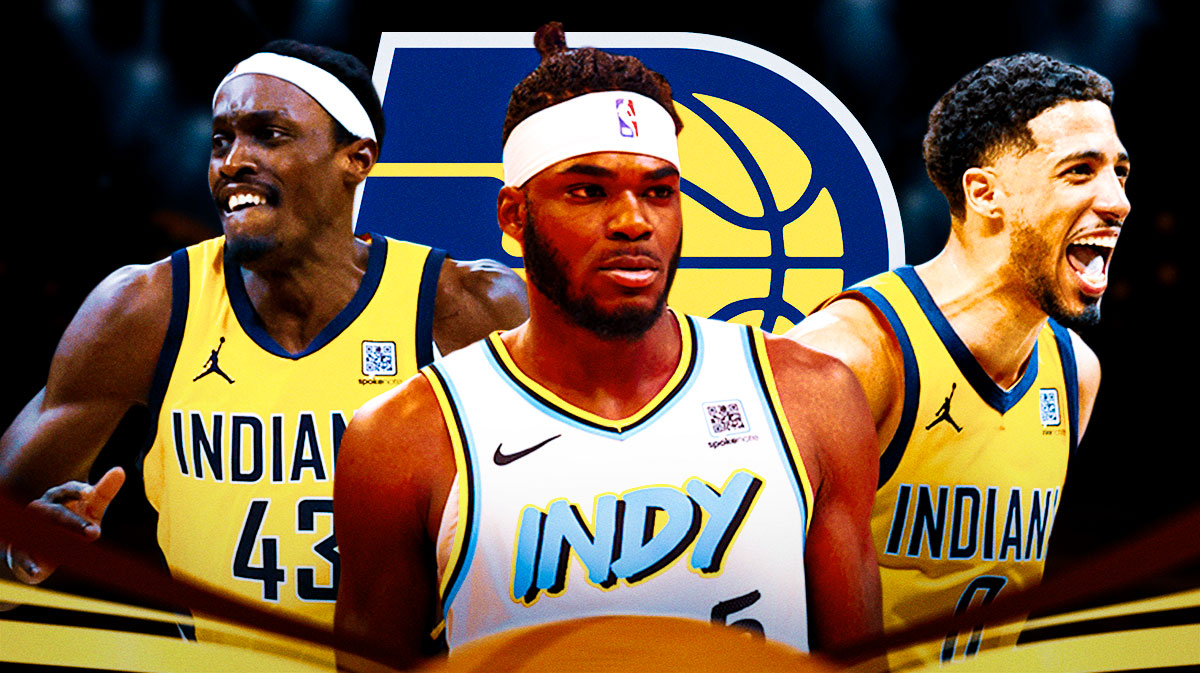 Jarace Walker, Tyrese Haliburton, Pascal Siakam beside each other, Indiana Pacers logo in the background