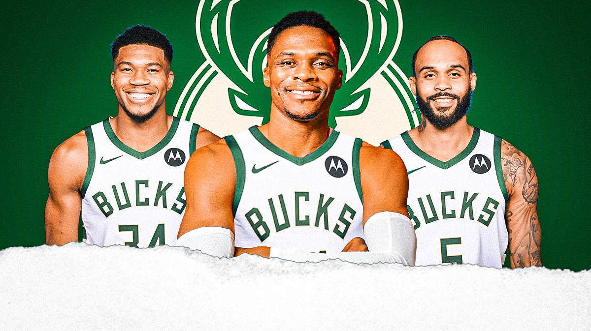 Russell Westbrook, Giannis Antetokounmpo, Gary Trent Jr beside each other, Milwaukee Bucks logo in the background