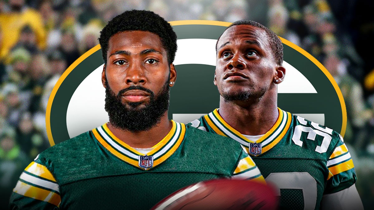 Packers CB Nate Hobbs and Packers RB MarShawn Lloyd. Green Bay Packers logo in background