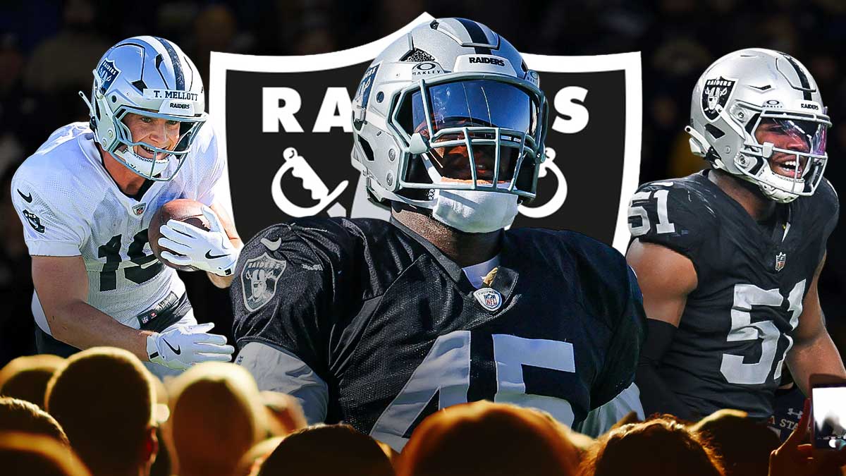 Devin White, Malcolm Koonce, Tommy Mellott all beside each other, Las Vegas Raiders logo in the background