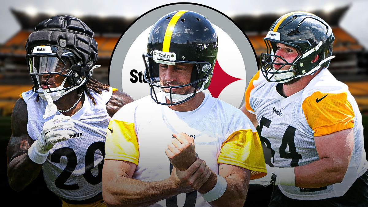 Kaleb Johnson, Aaron Rodgers, Zach Frazier all beside each other, Pittsburgh Steelers logo in the background