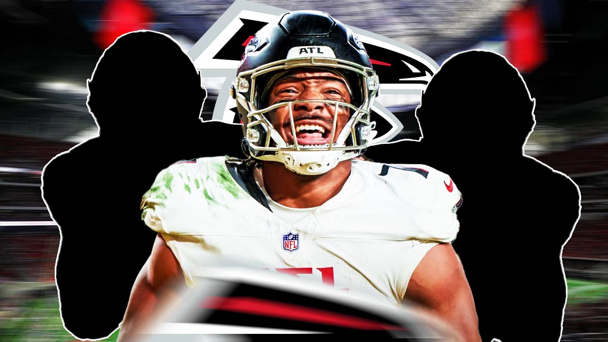 Bijan Robinson in the middle - Two mystery players around him - Atlanta Falcons logo in the background