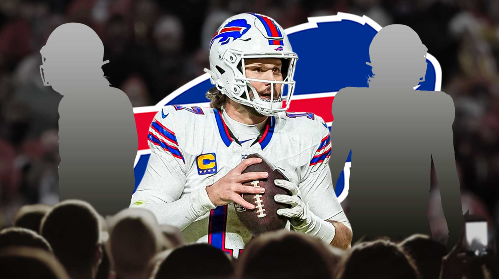 - Josh Allen in the middle - Two mystery players around him - Buffalo Bills logo in the background