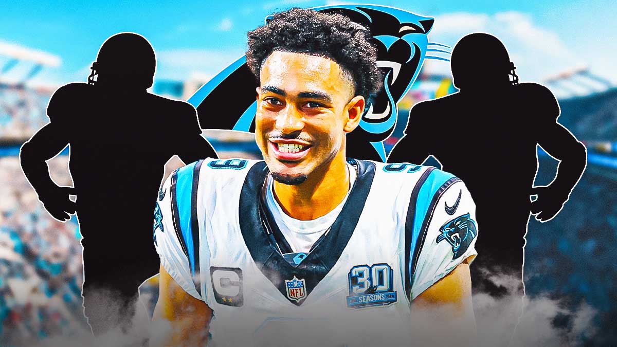 Bryce Young in the middle, Two mystery players around him, Carolina Panthers logo in the background