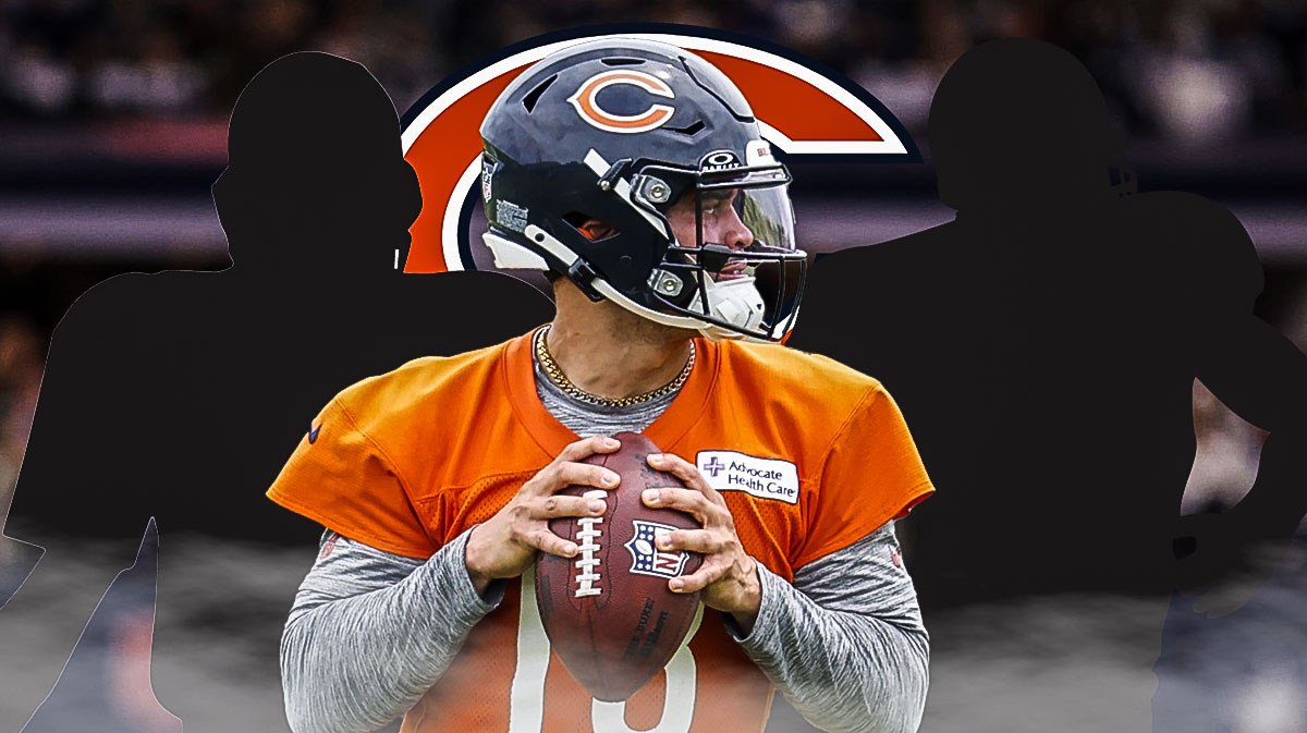 Caleb Williams in the middle, Two mystery players around him, Chicago Bears logo in the background