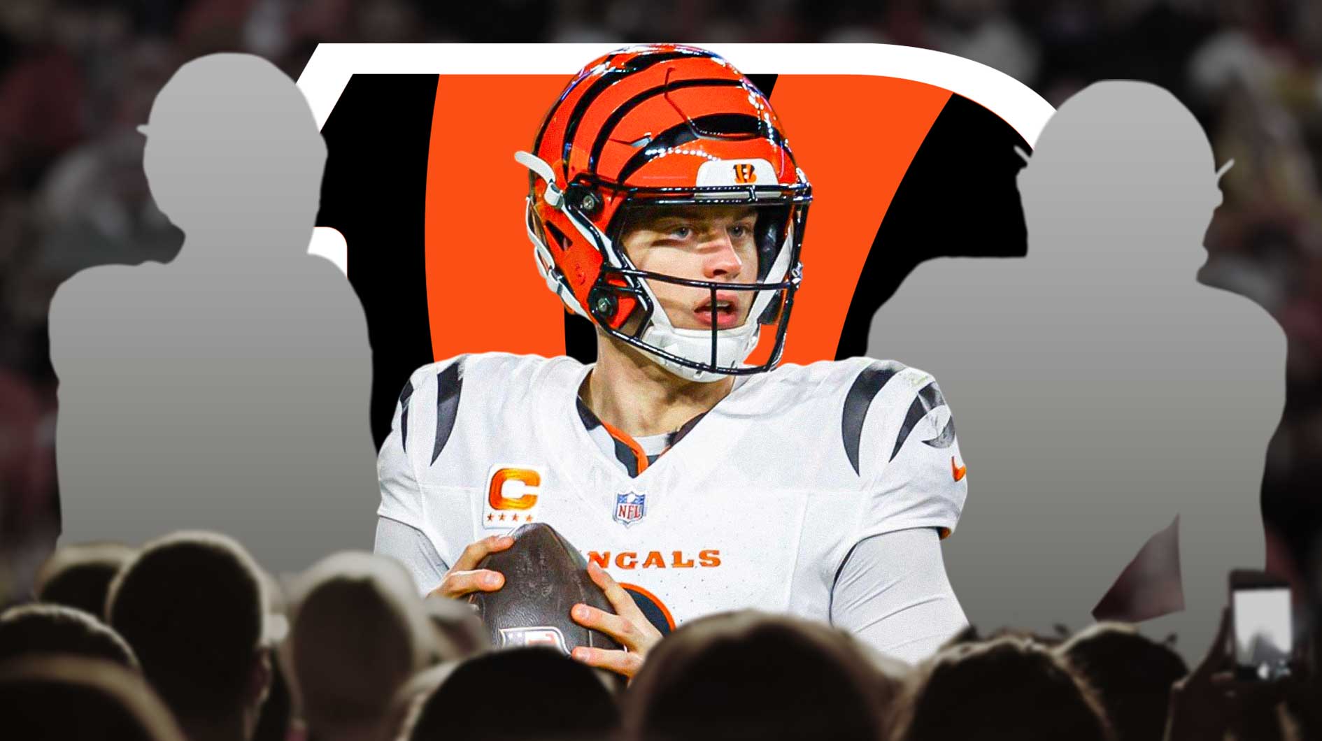 Joe Burrow in the middle, Two mystery players around him, Cincinnati Bengals logo in the background