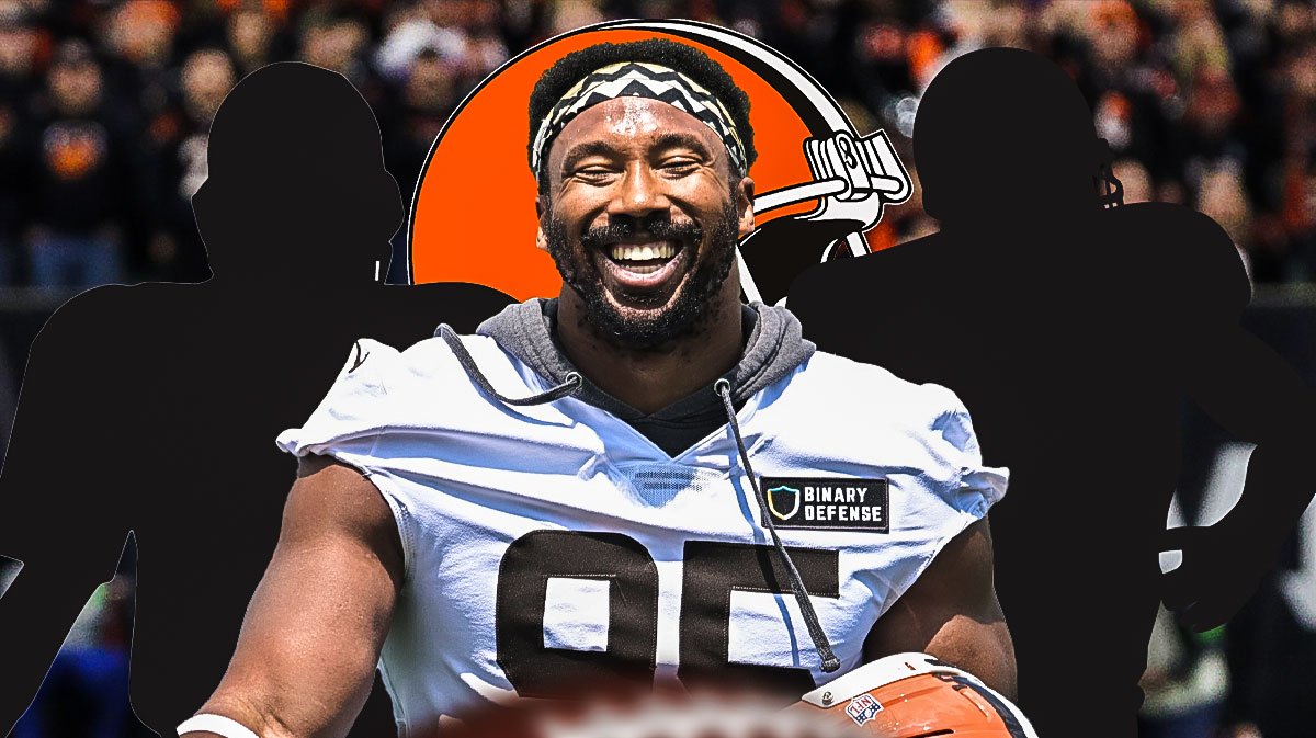 Myles Garrett in the middle - Two mystery players around him - Cleveland Browns logo in the background