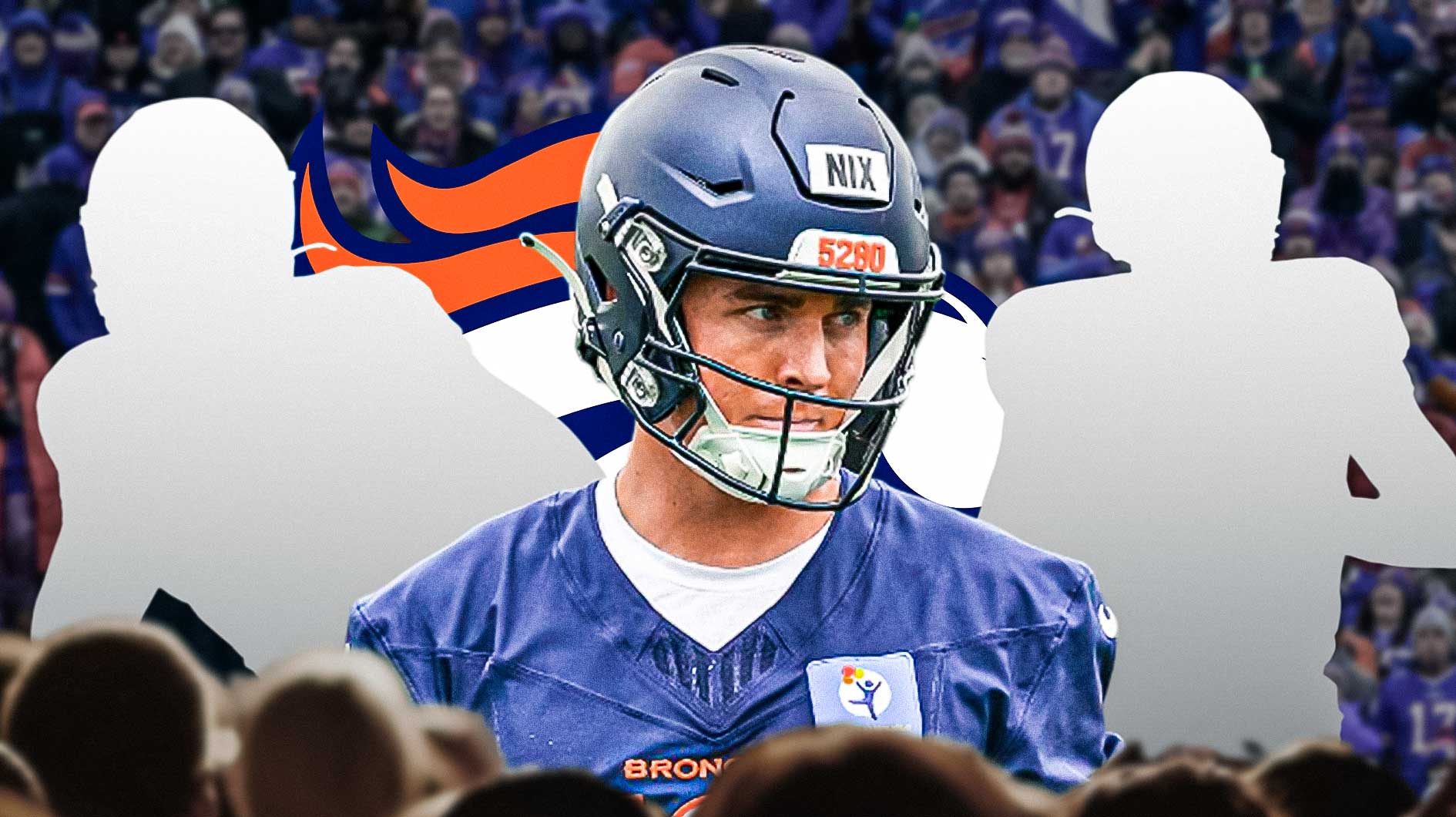 Bo Nix in the middle - Two mystery players around him - Denver Broncos logo in the background