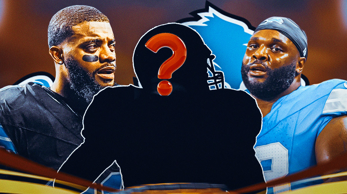 Detroit Lions DT DJ Reader with CB Amik Robertson and a silhouette of an American football player with a big question mark emoji inside. There is also a logo for the Detroit Lions.
