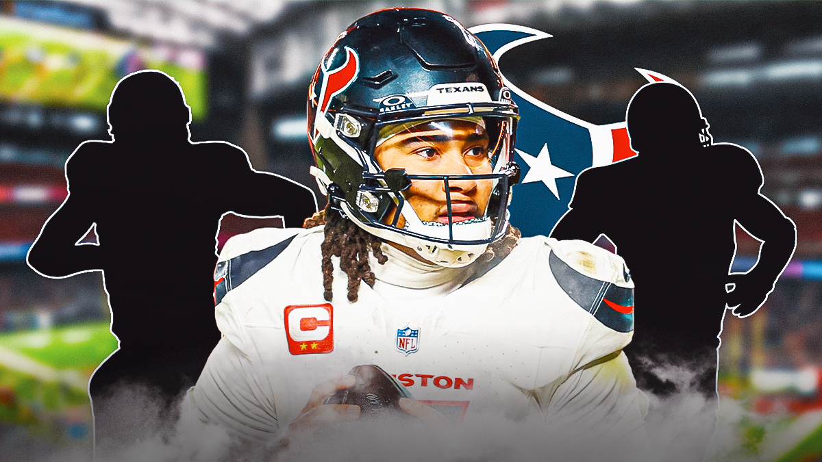 CJ Stroud in the middle, Two mystery players around him, Houston Texans logo in the background