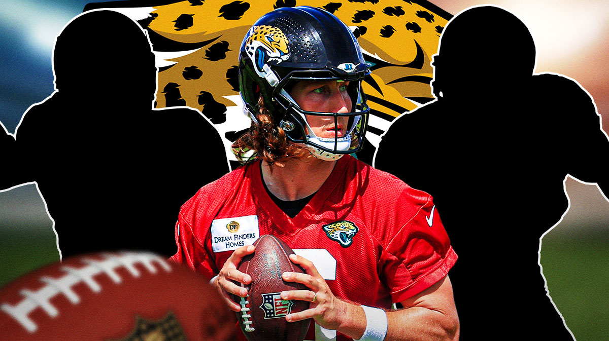 Trevor Lawrence in the middle, Two mystery players around him, Jacksonville Jaguars logo in the background