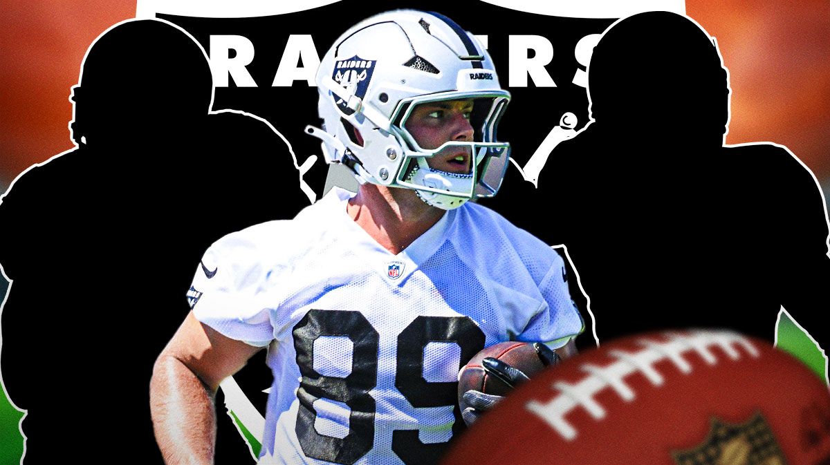 Brock Bowers in the middle - Two mystery players around him - Las Vegas Raiders logo in the background