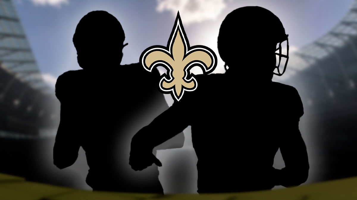 - Chris Olave in the middle - Two mystery players around him - New Orleans Saints logo in the background