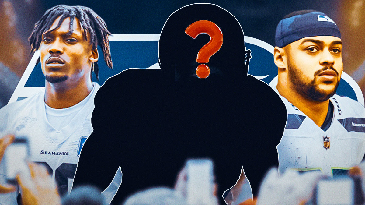 Seattle Seahawks TE Noah Fant and CB Tariq Woolen next to a silhouette of an American football player with a big question mark emoji inside. There is also a logo for the Seattle Seahawks.