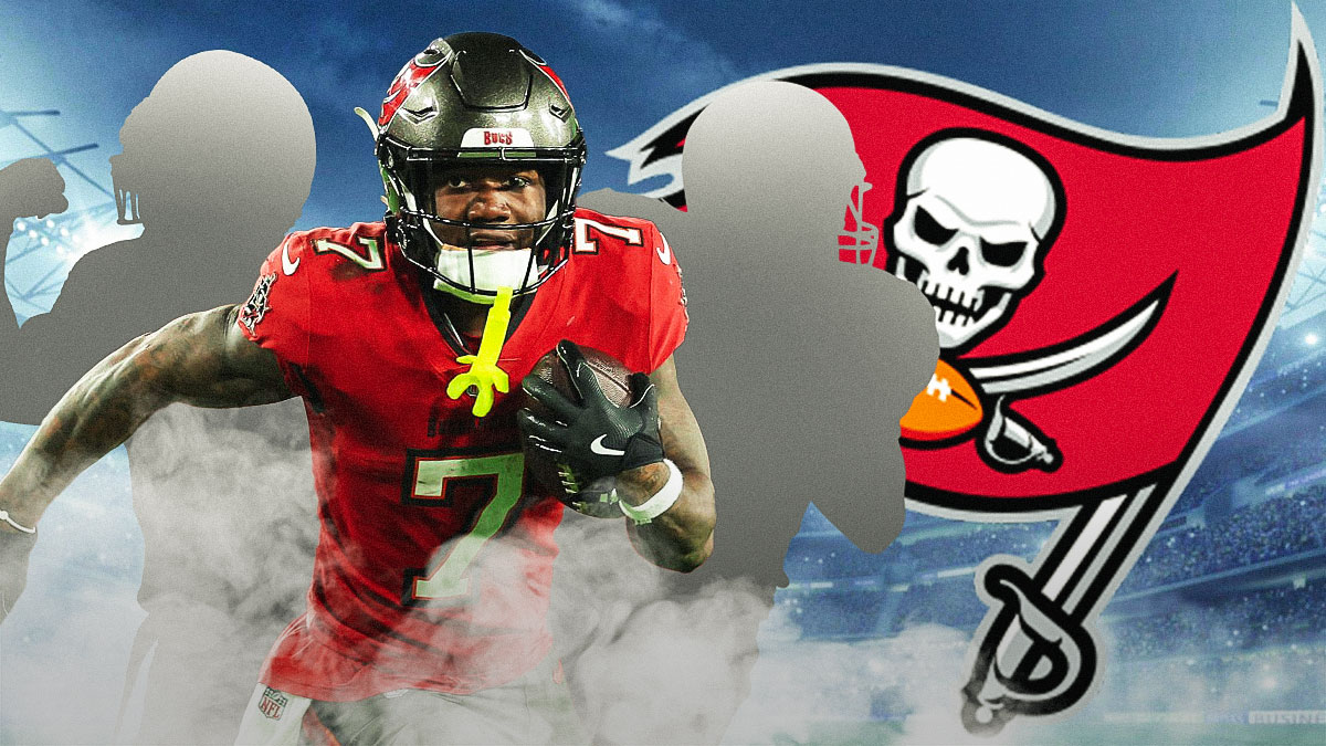 Bucky Irving in the middle, Two mystery players around him, Tampa Bay Buccaneers logo in the background